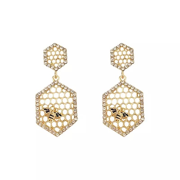 Jewelry - Gold Crystal Honeycomb Earrings with Bumblebee